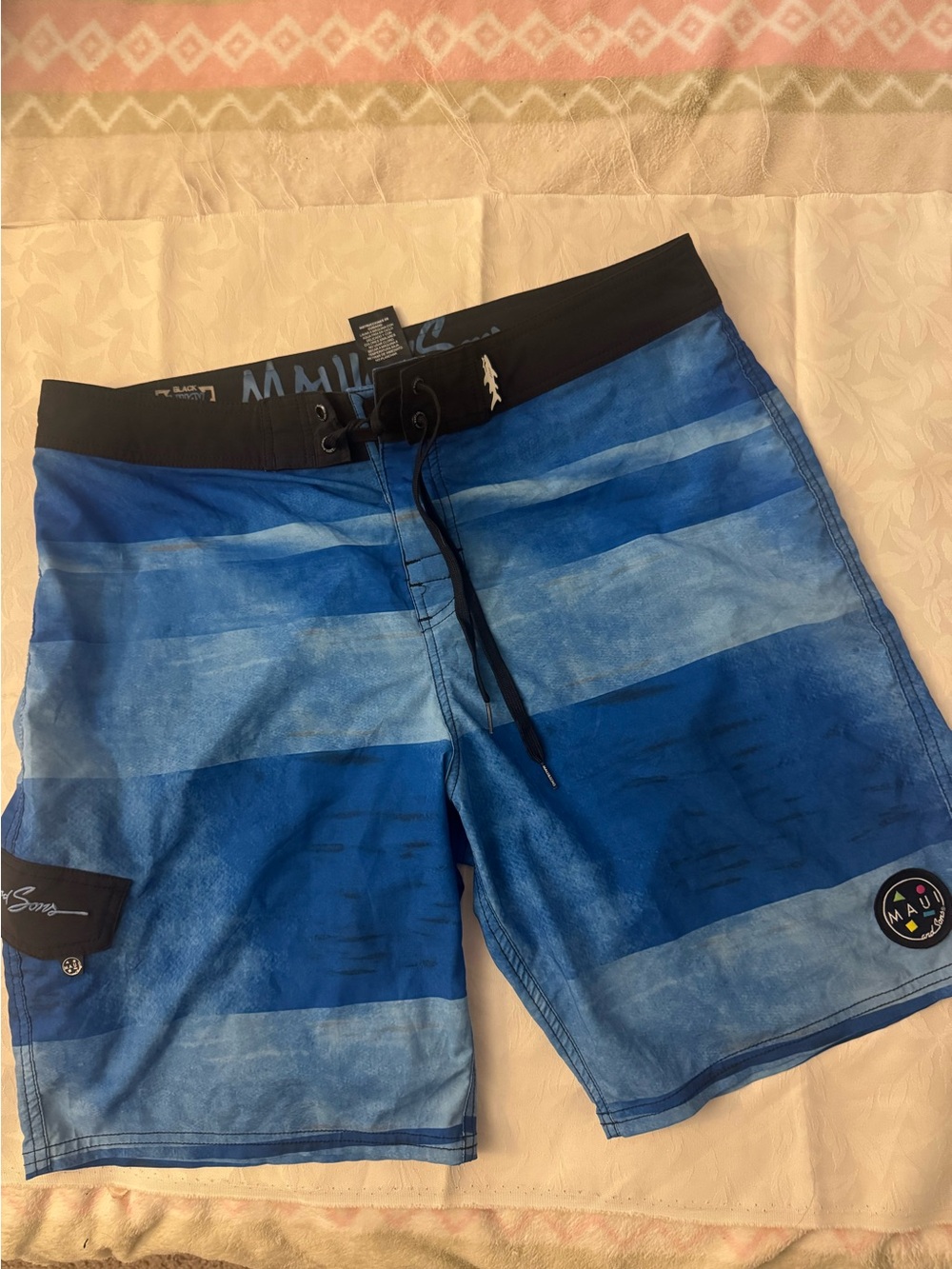 Maui and Sons Blue Striped Board Shorts with Black Waistband